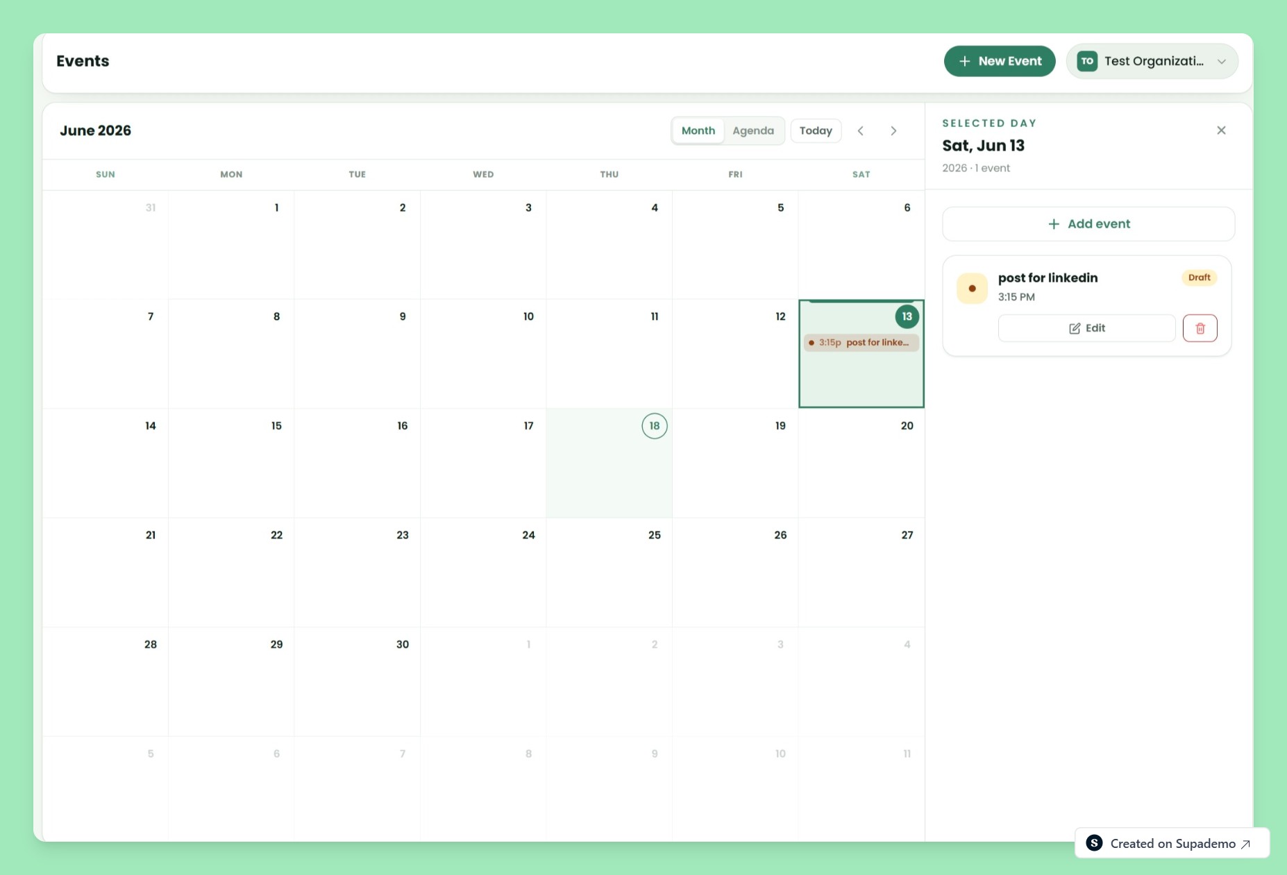 Avelis AI events calendar with a selected day and scheduled post.