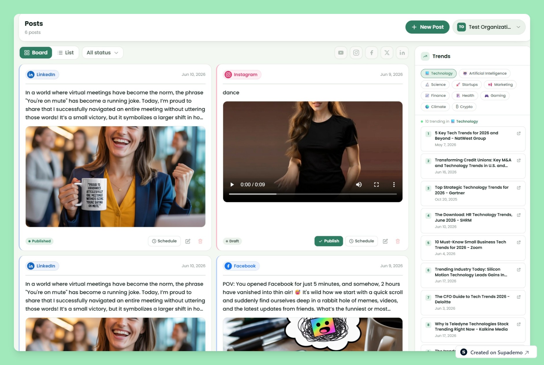Avelis AI posts board with social posts and trends.